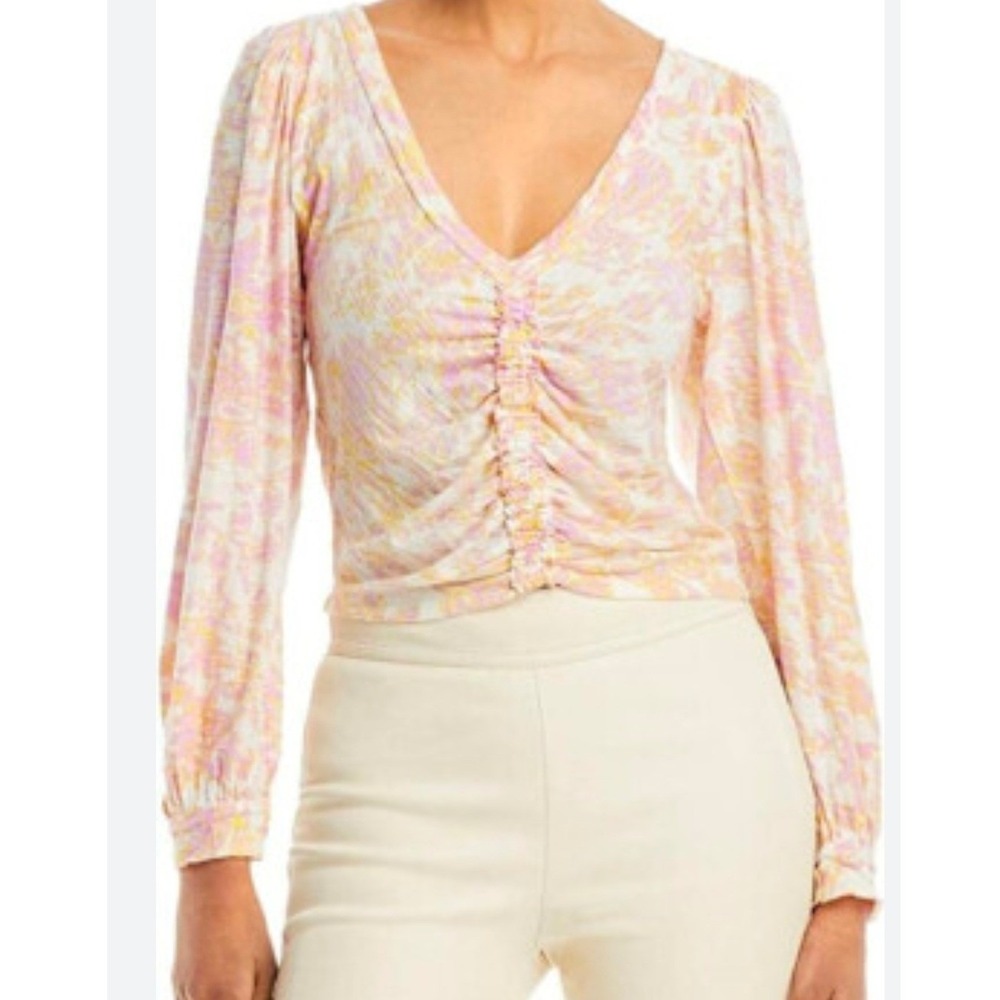 Free People Say The Word Top Ruched V-Neck Long Sleeve Top Floral Women's Size M